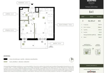 Rzut - Mieszkanie na sprzedaż 2 pokoje o powierzchni 36,08 m² - numer B41 w Quattro Ursynów