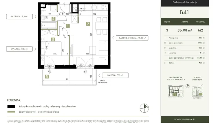 Rzut - Mieszkanie na sprzedaż 2 pokoje o powierzchni 36,08 m² - numer B41 w Quattro Ursynów