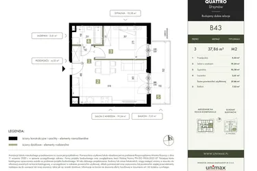 Rzut - Mieszkanie na sprzedaż 2 pokoje o powierzchni 37,86 m² - numer B43 w Quattro Ursynów