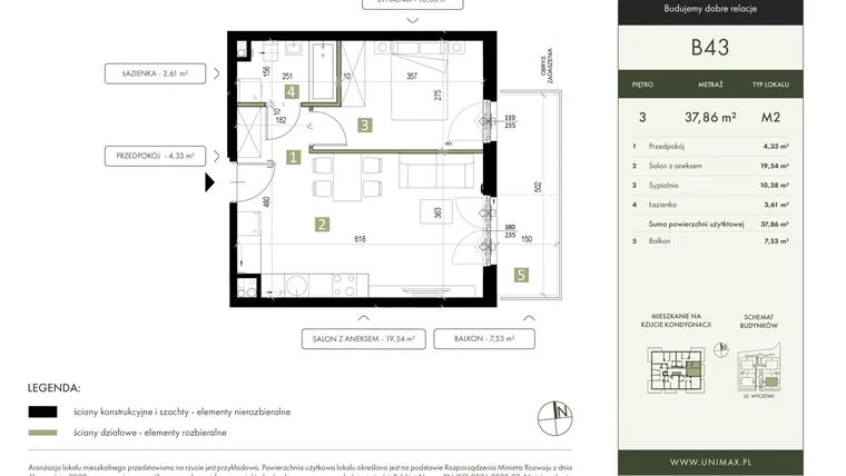 Rzut - Mieszkanie na sprzedaż 2 pokoje o powierzchni 37,86 m² - numer B43 w Quattro Ursynów