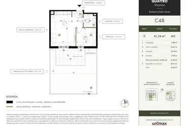 Rzut - Mieszkanie na sprzedaż 2 pokoje o powierzchni 41,54 m² - numer C48 w Quattro Ursynów