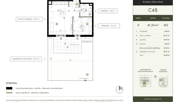 Rzut - Mieszkanie na sprzedaż 2 pokoje o powierzchni 41,54 m² - numer C48 w Quattro Ursynów