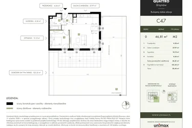 Rzut - Mieszkanie na sprzedaż 2 pokoje o powierzchni 46,81 m² - numer C47 w Quattro Ursynów