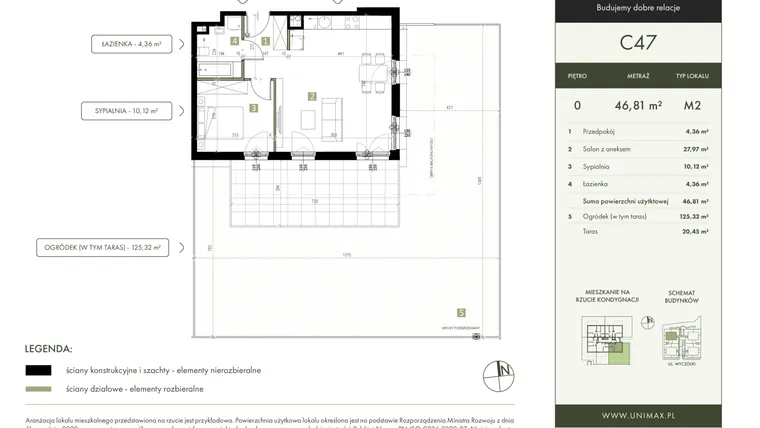 Rzut - Mieszkanie na sprzedaż 2 pokoje o powierzchni 46,81 m² - numer C47 w Quattro Ursynów