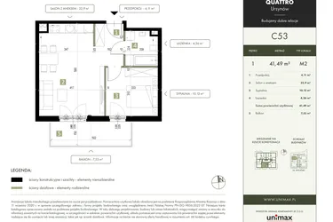 Rzut - Mieszkanie na sprzedaż 2 pokoje o powierzchni 41,49 m² - numer C53 w Quattro Ursynów