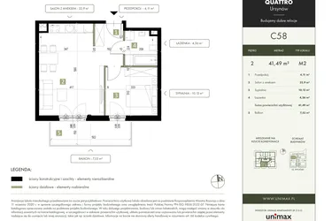 Rzut - Mieszkanie na sprzedaż 2 pokoje o powierzchni 41,49 m² - numer C58 w Quattro Ursynów