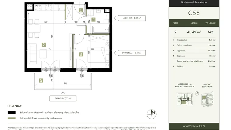 Rzut - Mieszkanie na sprzedaż 2 pokoje o powierzchni 41,49 m² - numer C58 w Quattro Ursynów