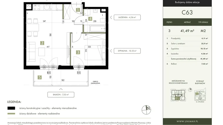 Rzut - Mieszkanie na sprzedaż 2 pokoje o powierzchni 41,49 m² - numer C63 w Quattro Ursynów
