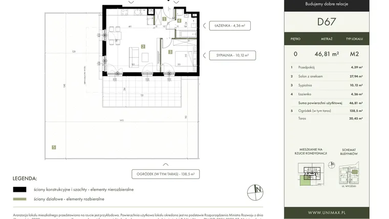 Rzut - Mieszkanie na sprzedaż 2 pokoje o powierzchni 46,81 m² - numer D67 w Quattro Ursynów