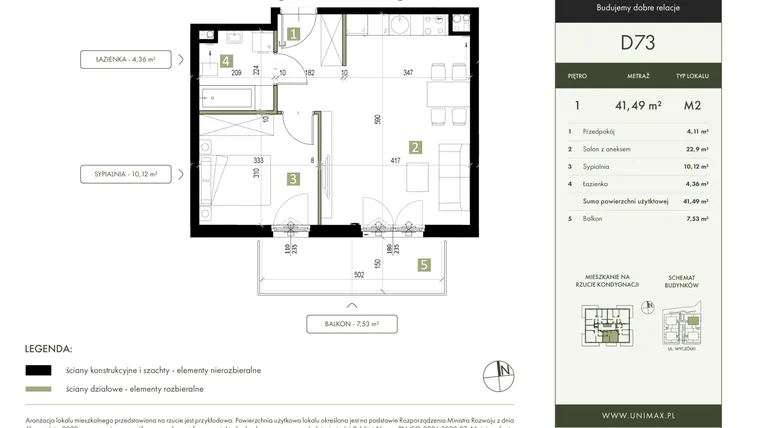 Rzut - Mieszkanie na sprzedaż 2 pokoje o powierzchni 41,49 m² - numer D73 w Quattro Ursynów