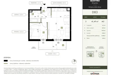 Rzut - Mieszkanie na sprzedaż 2 pokoje o powierzchni 41,49 m² - numer D83 w Quattro Ursynów