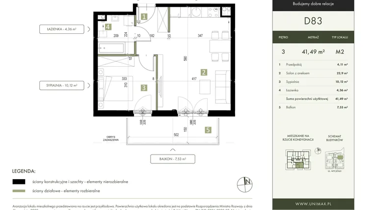 Rzut - Mieszkanie na sprzedaż 2 pokoje o powierzchni 41,49 m² - numer D83 w Quattro Ursynów