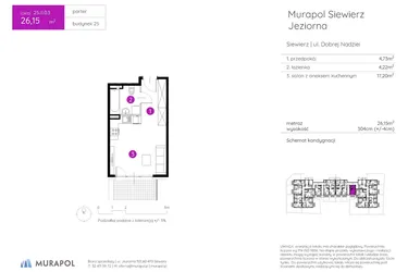 Rzut - Mieszkanie na sprzedaż 1 pokój o powierzchni 26,15 m² - numer 25.B.0.3 w Murapol Siewierz Jeziorna bud. 25 i 26