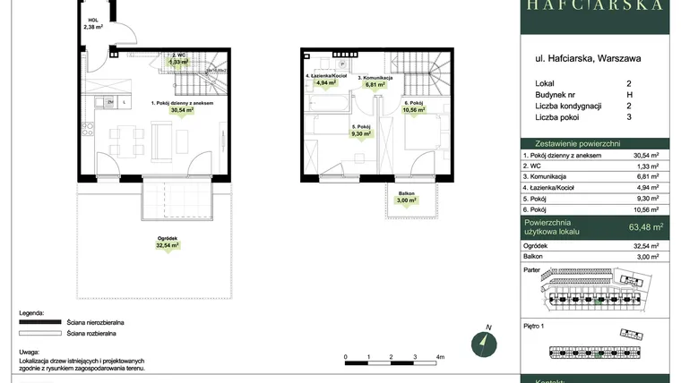 Rzut - Dom na sprzedaż 3 pokoje o powierzchni 63,48 m² - numer H2 w Hafciarska