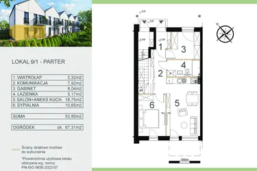 Rzut - Mieszkanie na sprzedaż 3 pokoje o powierzchni 52,85 m² - numer 9/1 w Zamiejska 9