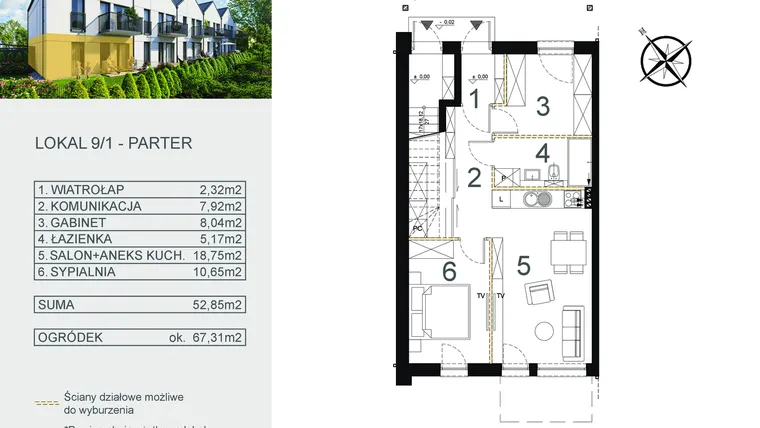 Rzut - Mieszkanie na sprzedaż 3 pokoje o powierzchni 52,85 m² - numer 9/1 w Zamiejska 9