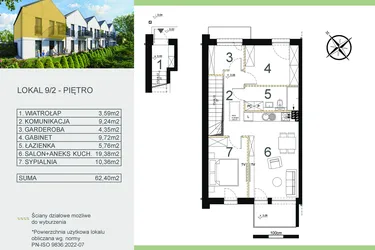 Rzut - Mieszkanie na sprzedaż 3 pokoje o powierzchni 62,4 m² - numer 9/2 w Zamiejska 9