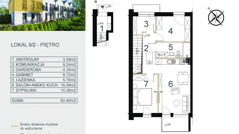 Rzut - Mieszkanie na sprzedaż 3 pokoje o powierzchni 62,4 m² - numer 9/2 w Zamiejska 9