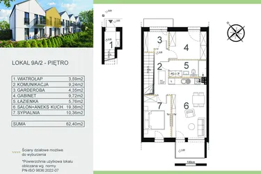 Rzut - Mieszkanie na sprzedaż 3 pokoje o powierzchni 62,4 m² - numer 9A/2 w Zamiejska 9