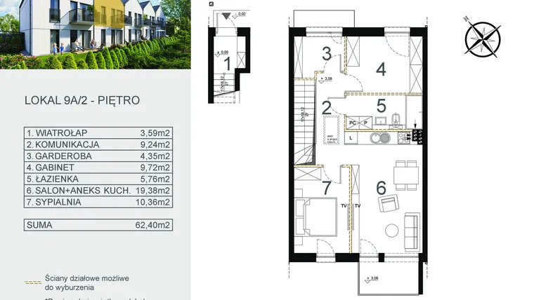 Rzut - Mieszkanie na sprzedaż 3 pokoje o powierzchni 62,4 m² - numer 9A/2 w Zamiejska 9