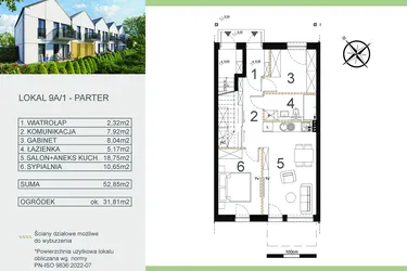 Rzut - Mieszkanie na sprzedaż 3 pokoje o powierzchni 52,85 m² - numer 9A/1 w Zamiejska 9