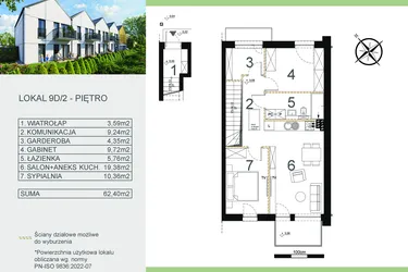 Rzut - Mieszkanie na sprzedaż 3 pokoje o powierzchni 62,4 m² - numer 9D/2 w Zamiejska 9