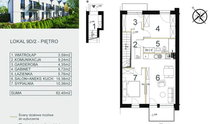 Rzut - Mieszkanie na sprzedaż 3 pokoje o powierzchni 62,4 m² - numer 9D/2 w Zamiejska 9