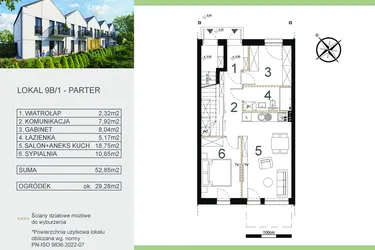 Rzut - Mieszkanie na sprzedaż 3 pokoje o powierzchni 52,85 m² - numer 9B/1 w Zamiejska 9