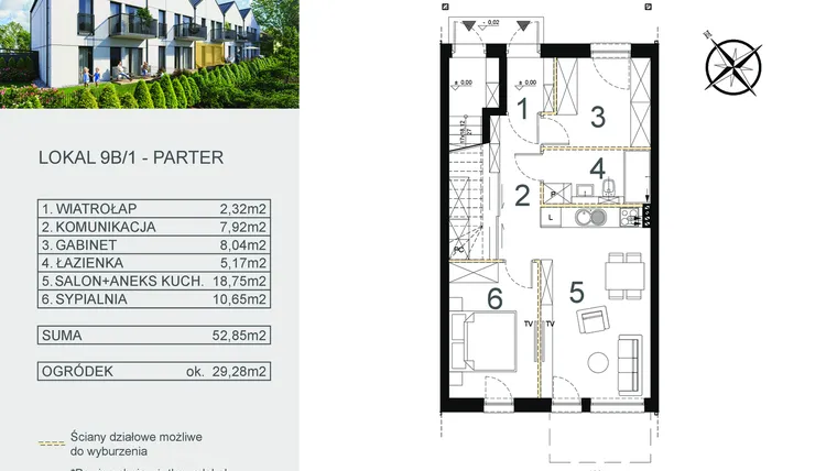 Rzut - Mieszkanie na sprzedaż 3 pokoje o powierzchni 52,85 m² - numer 9B/1 w Zamiejska 9