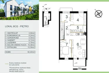 Rzut - Mieszkanie na sprzedaż 3 pokoje o powierzchni 62,4 m² - numer 9C/2 w Zamiejska 9