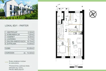 Rzut - Mieszkanie na sprzedaż 3 pokoje o powierzchni 52,85 m² - numer 9D/1 w Zamiejska 9