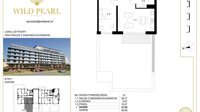 Rzut - Mieszkanie na sprzedaż 2 pokoje o powierzchni 47,05 m² - numer 3 w Wild Pearl 23% VAT