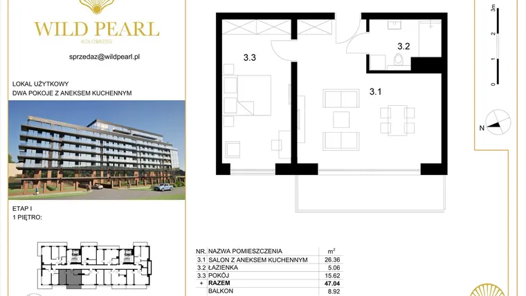 Rzut - Mieszkanie na sprzedaż 2 pokoje o powierzchni 47,04 m² - numer 9 w Wild Pearl 23% VAT