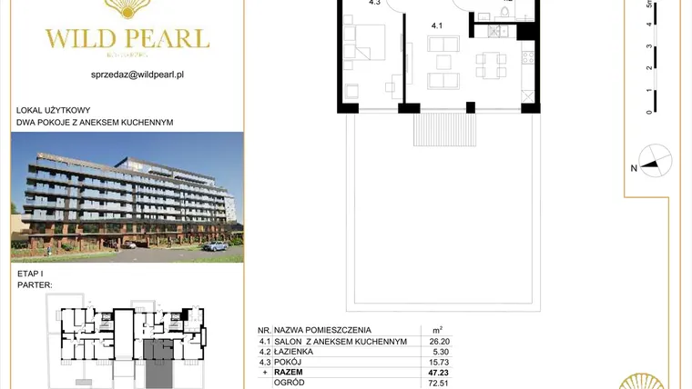Rzut - Mieszkanie na sprzedaż 2 pokoje o powierzchni 47,23 m² - numer 5 w Wild Pearl 23% VAT