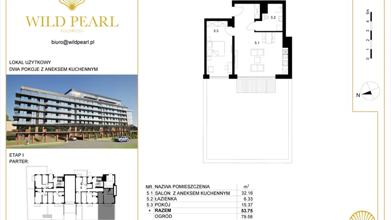 Rzut - Mieszkanie na sprzedaż 2 pokoje o powierzchni 53,75 m² - numer 0.5 w Wild Pearl 23% VAT