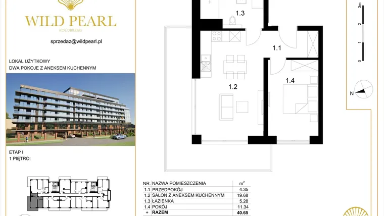 Rzut - Mieszkanie na sprzedaż 2 pokoje o powierzchni 40,65 m² - numer 8 w Wild Pearl 23% VAT