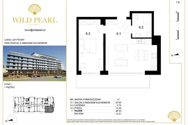 Rzut - Mieszkanie na sprzedaż 2 pokoje o powierzchni 47,11 m² - numer 1.6 w Wild Pearl 23% VAT