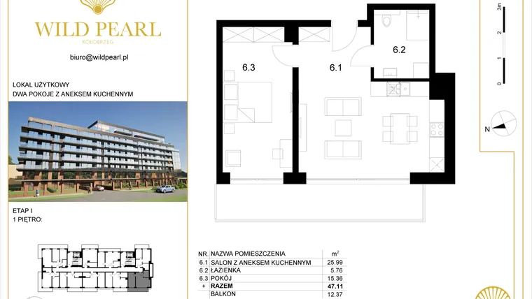 Rzut - Mieszkanie na sprzedaż 2 pokoje o powierzchni 47,11 m² - numer 1.6 w Wild Pearl 23% VAT