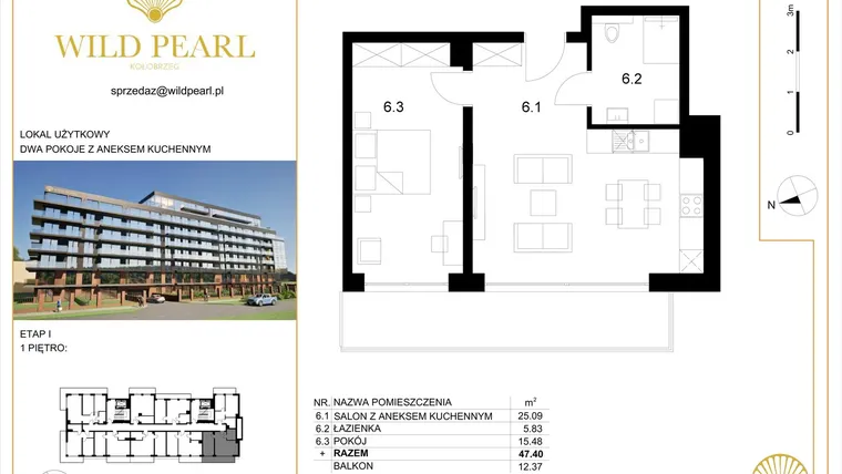 Rzut - Mieszkanie na sprzedaż 2 pokoje o powierzchni 47,4 m² - numer 12 w Wild Pearl 23% VAT
