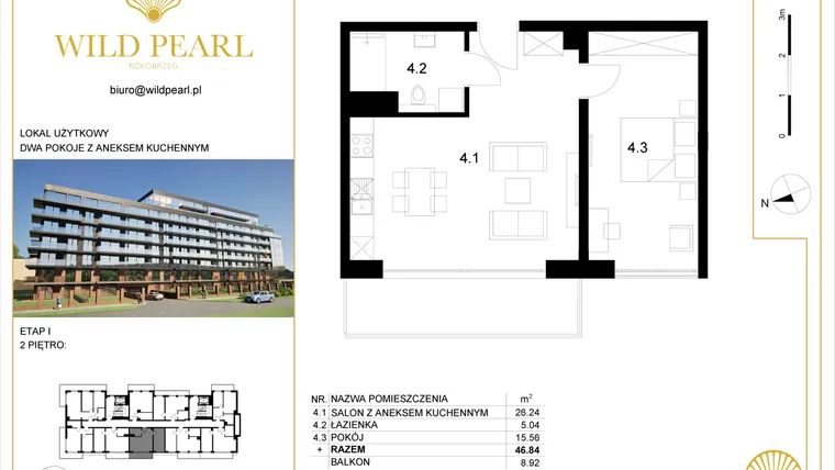 Rzut - Mieszkanie na sprzedaż 2 pokoje o powierzchni 46,84 m² - numer 2.4 w Wild Pearl 23% VAT