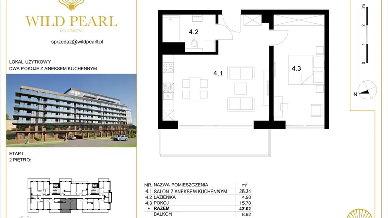 Rzut - Mieszkanie na sprzedaż 2 pokoje o powierzchni 47,02 m² - numer 19 w Wild Pearl 23% VAT