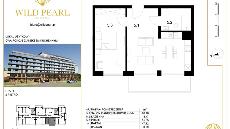 Rzut - Mieszkanie na sprzedaż 2 pokoje o powierzchni 47,12 m² - numer 2.5 w Wild Pearl 23% VAT