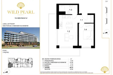 Rzut - Mieszkanie na sprzedaż 2 pokoje o powierzchni 40,23 m² - numer 3.1 w Wild Pearl 23% VAT