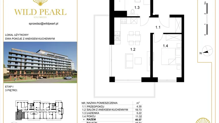 Rzut - Mieszkanie na sprzedaż 2 pokoje o powierzchni 40,57 m² - numer 26 w Wild Pearl 23% VAT