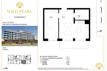 Rzut - Mieszkanie na sprzedaż 2 pokoje o powierzchni 47,12 m² - numer 3.5 w Wild Pearl 23% VAT