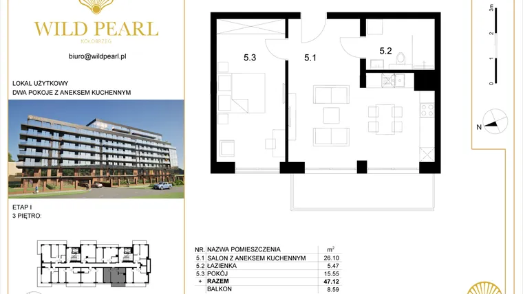 Rzut - Mieszkanie na sprzedaż 2 pokoje o powierzchni 47,12 m² - numer 3.5 w Wild Pearl 23% VAT