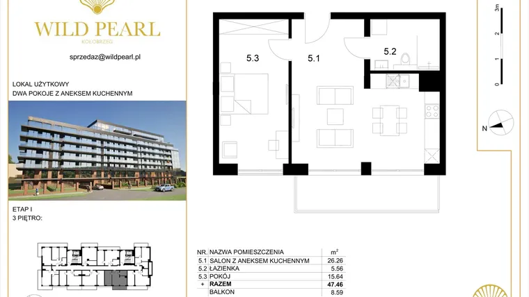 Rzut - Mieszkanie na sprzedaż 2 pokoje o powierzchni 47,46 m² - numer 29 w Wild Pearl 23% VAT