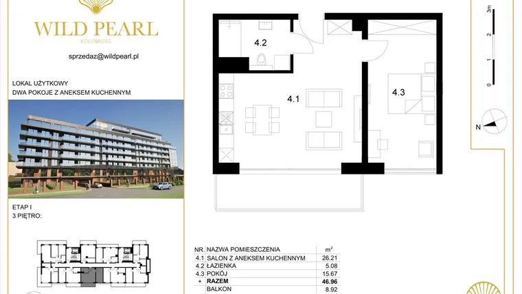 Rzut - Mieszkanie na sprzedaż 2 pokoje o powierzchni 46,96 m² - numer 28 w Wild Pearl 23% VAT