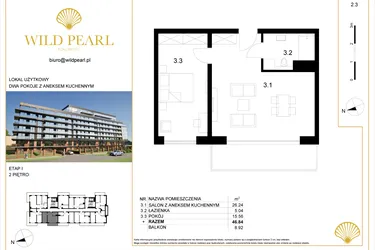 Rzut - Mieszkanie na sprzedaż 2 pokoje o powierzchni 46,84 m² - numer 2.3 w Wild Pearl 23% VAT