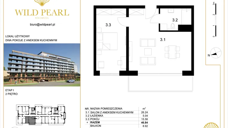 Rzut - Mieszkanie na sprzedaż 2 pokoje o powierzchni 46,84 m² - numer 2.3 w Wild Pearl 23% VAT